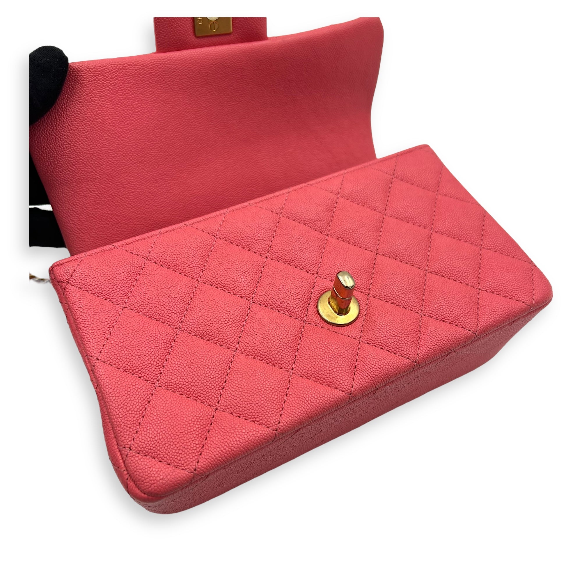 Rectangle Flap Mini Pink Top Handle Bag in Caviar Leather, Brushed Gold hardware