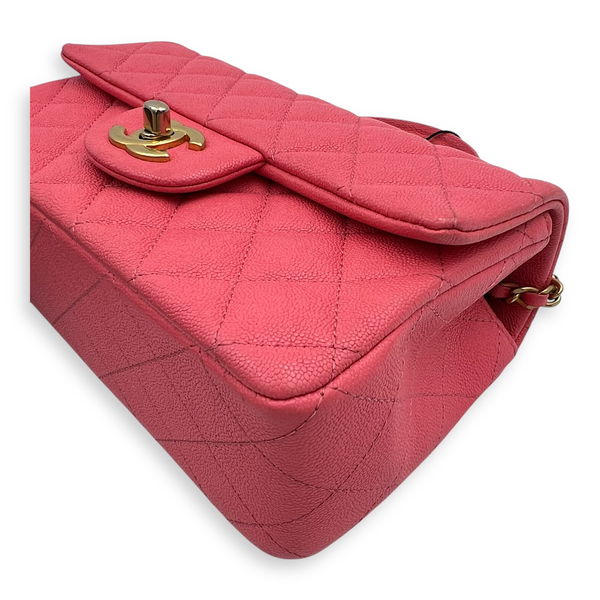 Rectangle Flap Mini Pink Top Handle Bag in Caviar Leather, Brushed Gold hardware