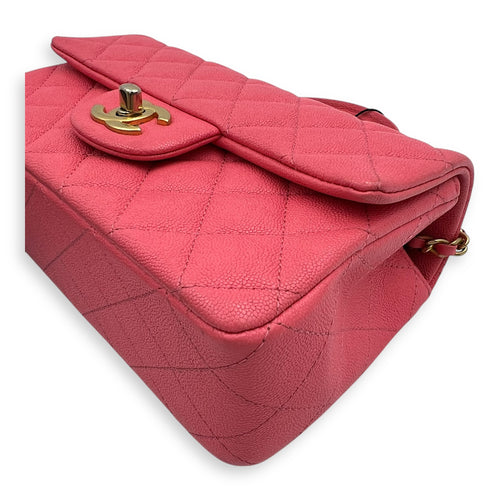 Rectangle Flap Mini Pink Top Handle Bag in Caviar Leather, Brushed Gold hardware