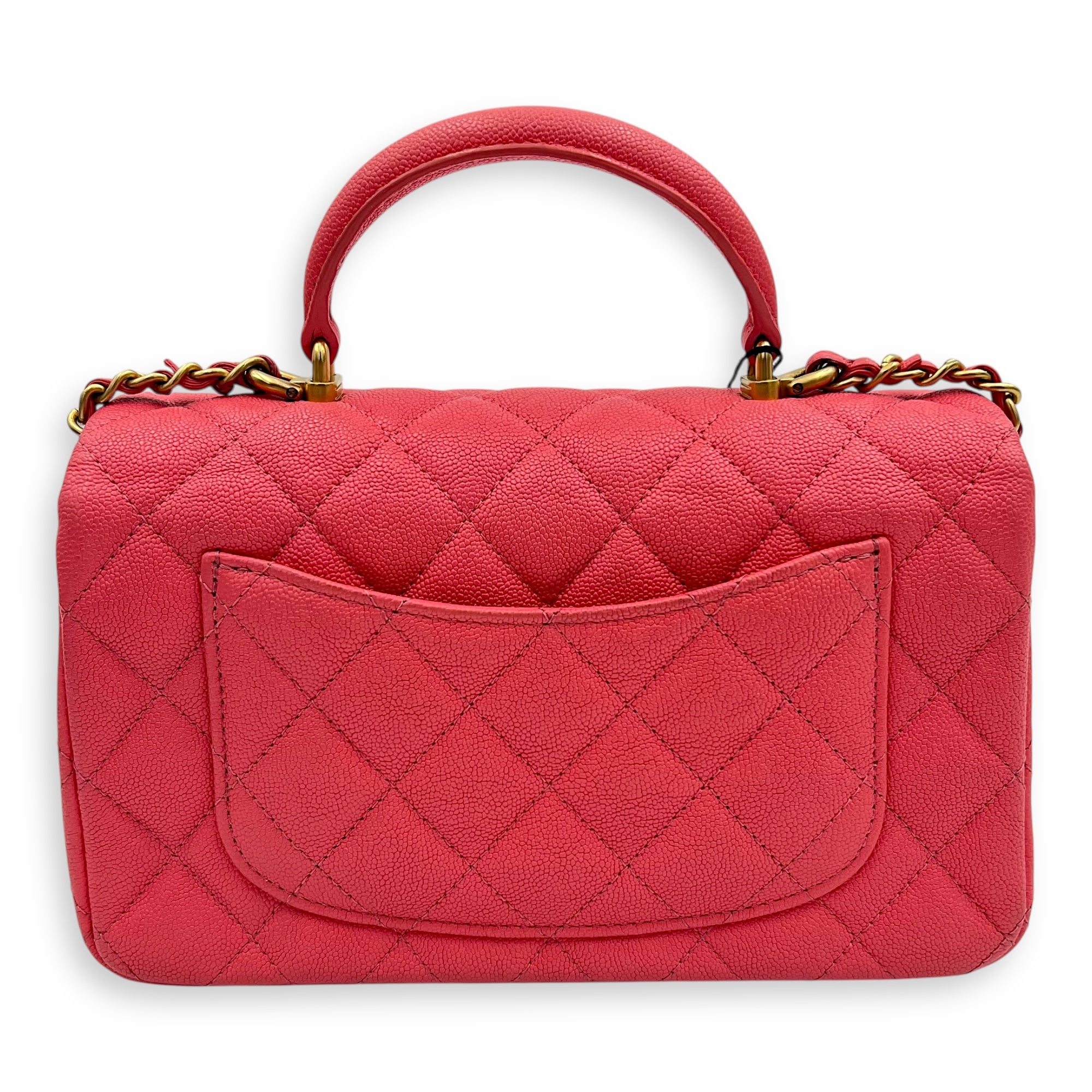 Rectangle Flap Mini Pink Top Handle Bag in Caviar Leather, Brushed Gold hardware