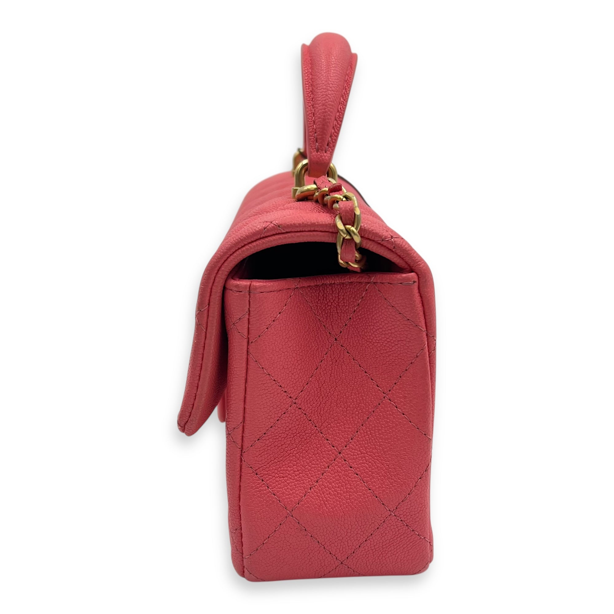Rectangle Flap Mini Pink Top Handle Bag in Caviar Leather, Brushed Gold hardware
