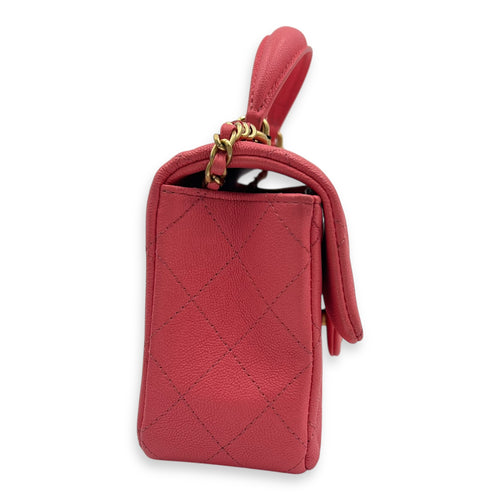 Rectangle Flap Mini Pink Top Handle Bag in Caviar Leather, Brushed Gold hardware