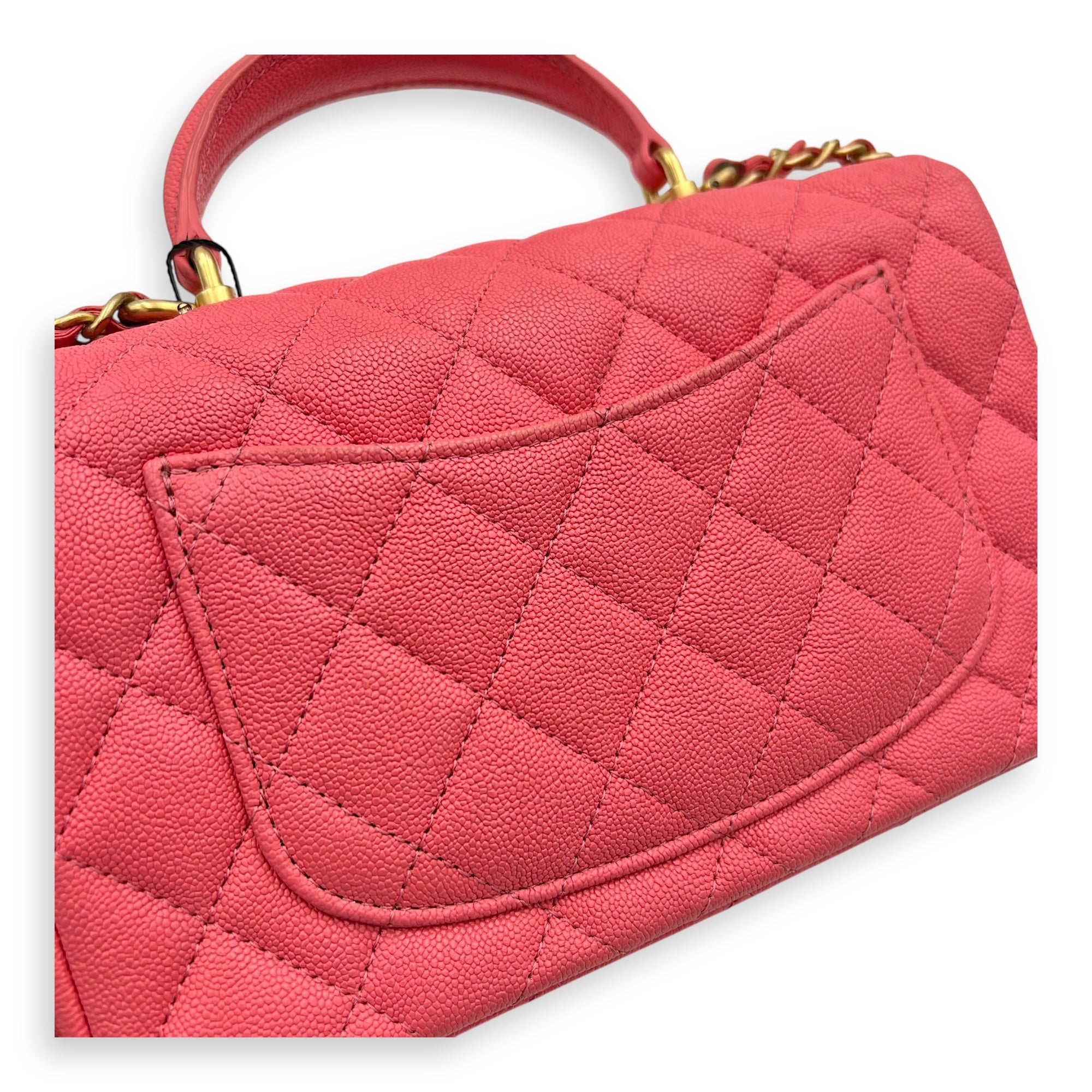 Rectangle Flap Mini Pink Top Handle Bag in Caviar Leather, Brushed Gold hardware