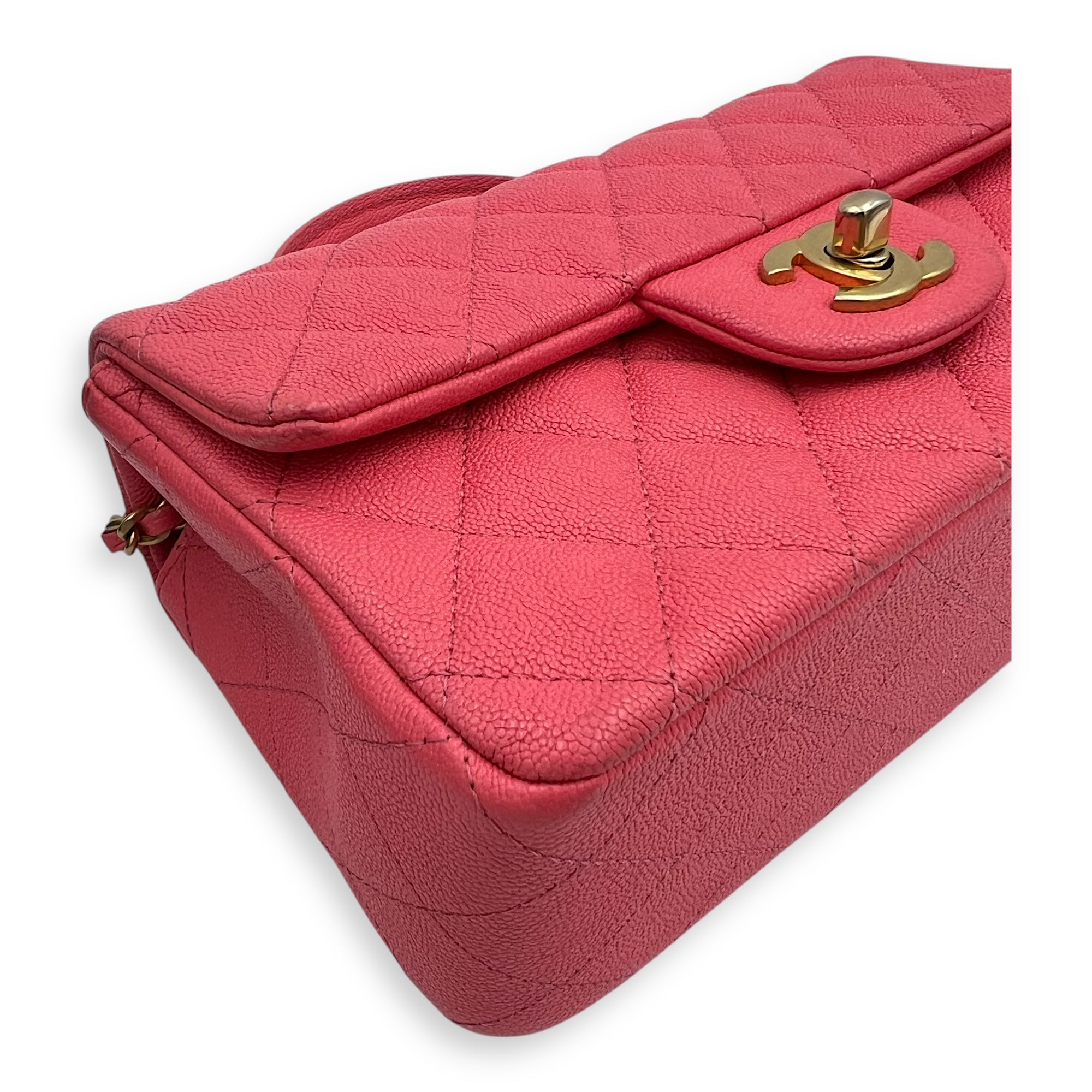 Rectangle Flap Mini Pink Top Handle Bag in Caviar Leather, Brushed Gold hardware