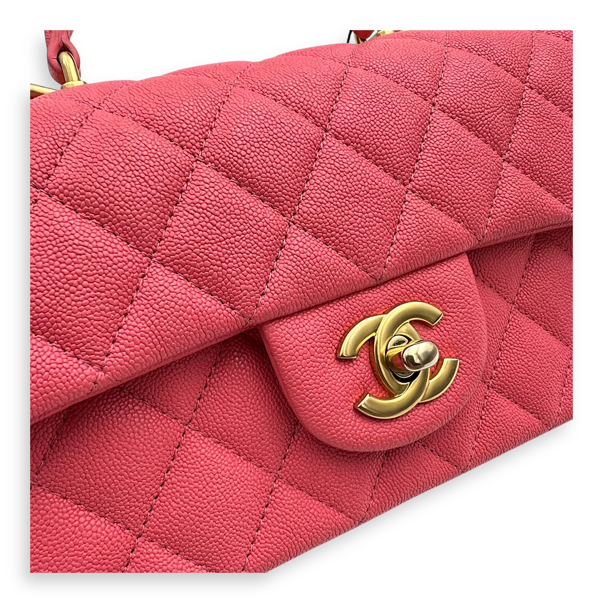 Rectangle Flap Mini Pink Top Handle Bag in Caviar Leather, Brushed Gold hardware