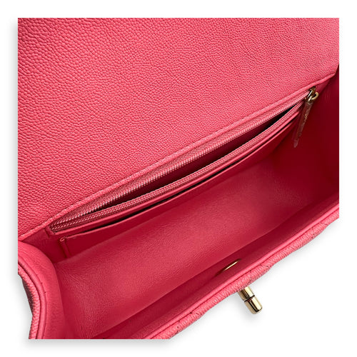 Rectangle Flap Mini Pink Top Handle Bag in Caviar Leather, Brushed Gold hardware