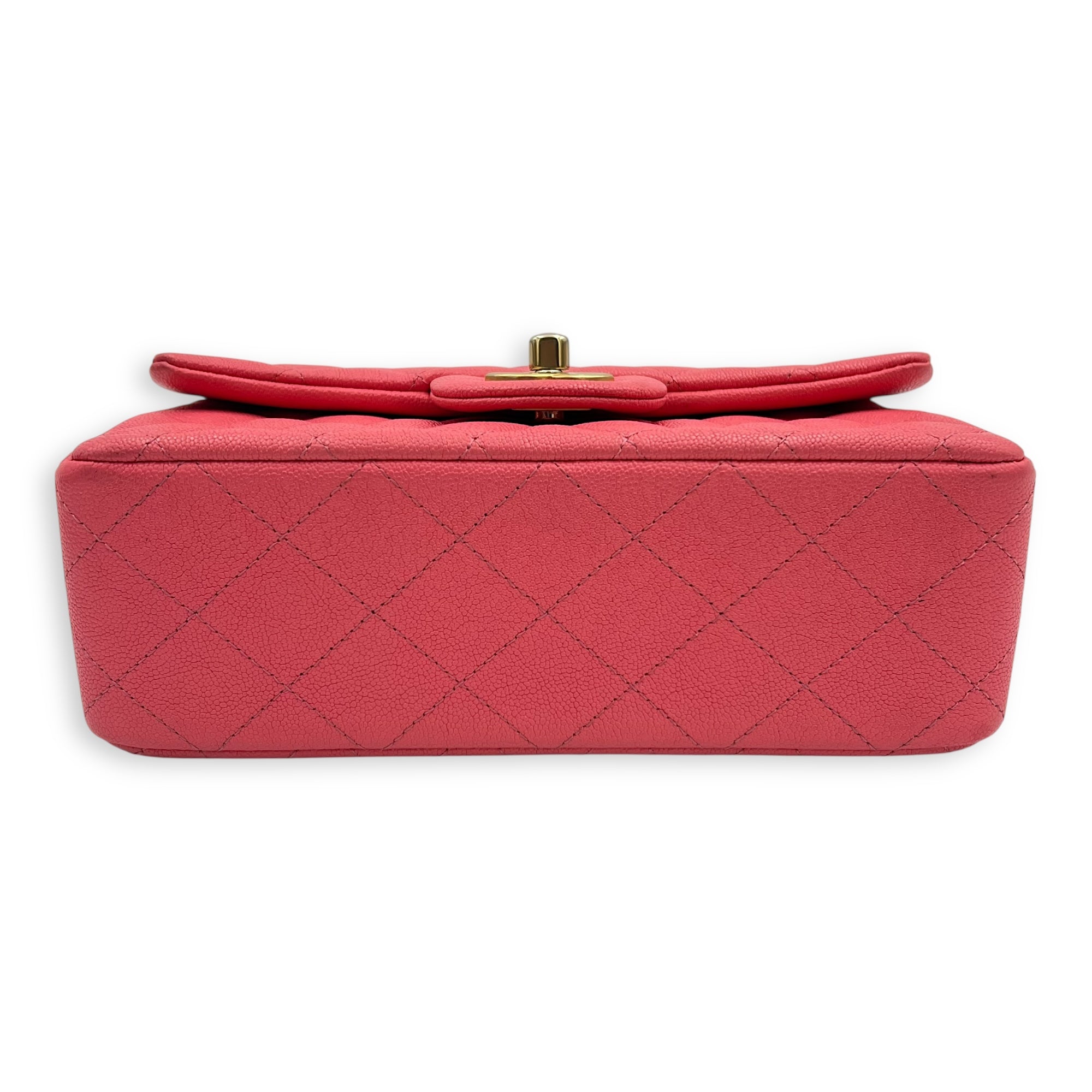 Rectangle Flap Mini Pink Top Handle Bag in Caviar Leather, Brushed Gold hardware