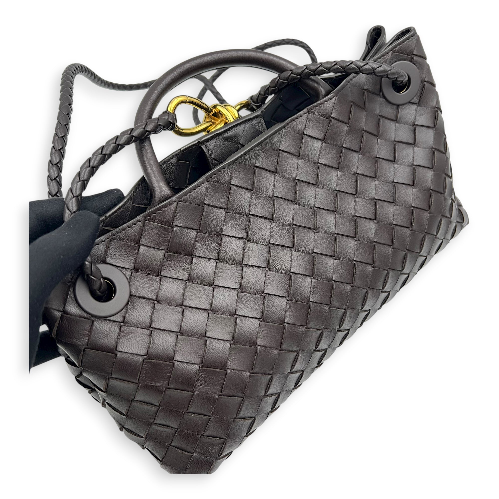 Andiamo Shoulder Bag East West Fondant in Nappa Intrecciato, Gold hardware