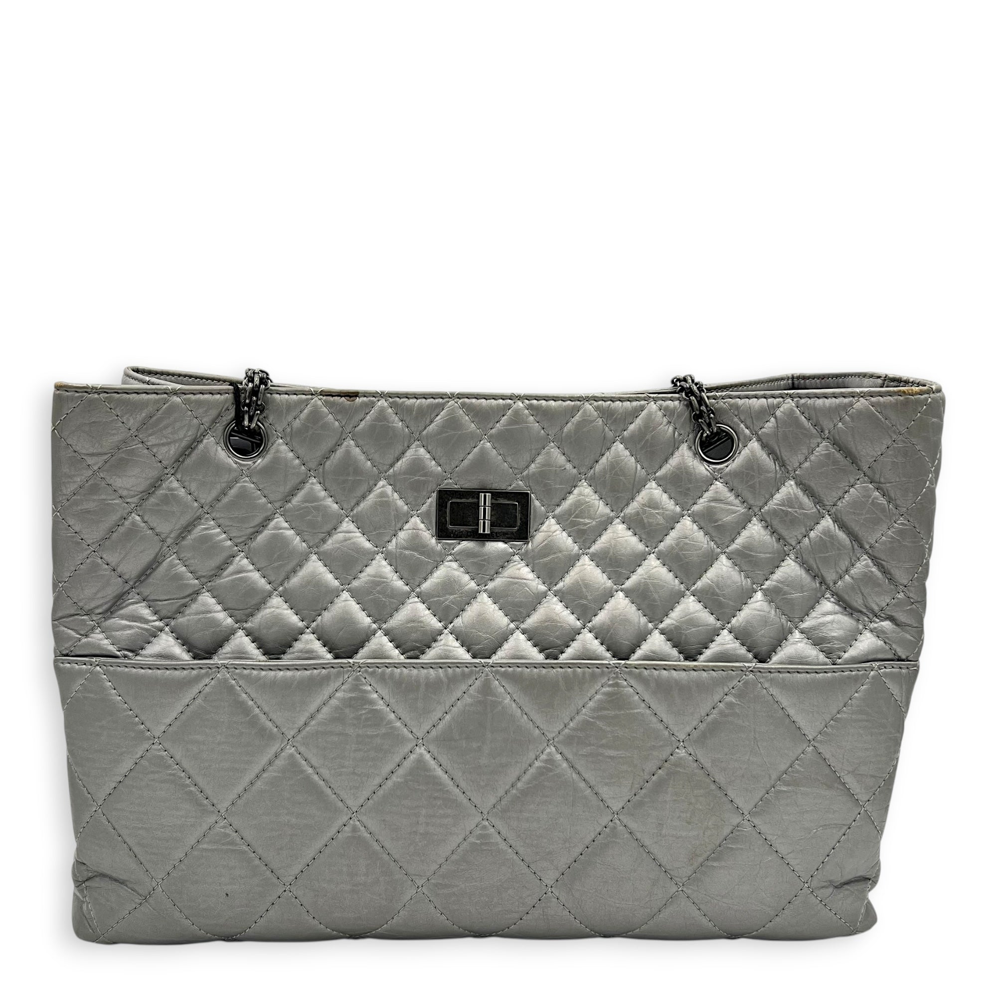 2.55 Tote Bag Grey in Calfskin, Ruthenium hardware