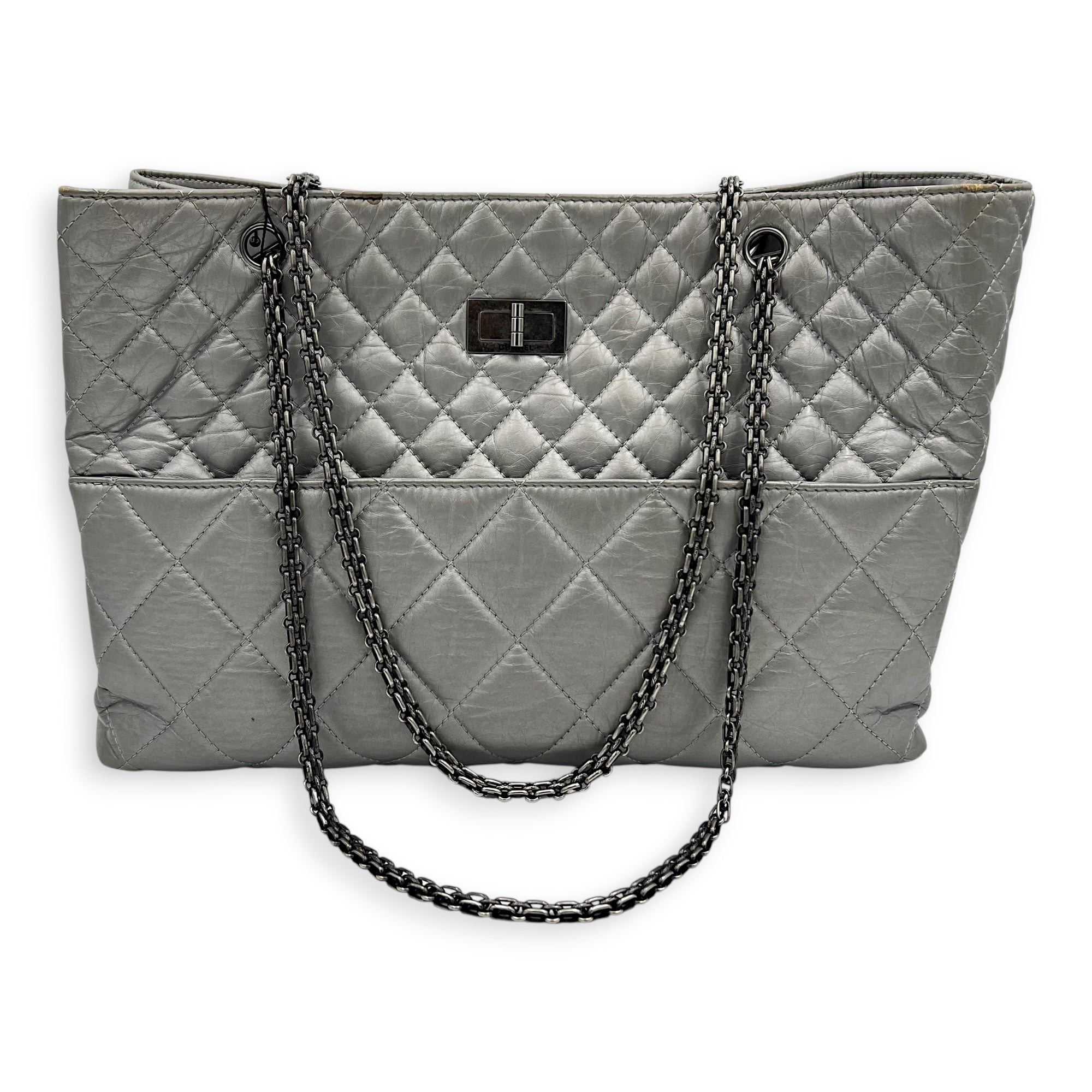 2.55 Tote Bag Grey in Calfskin, Ruthenium hardware