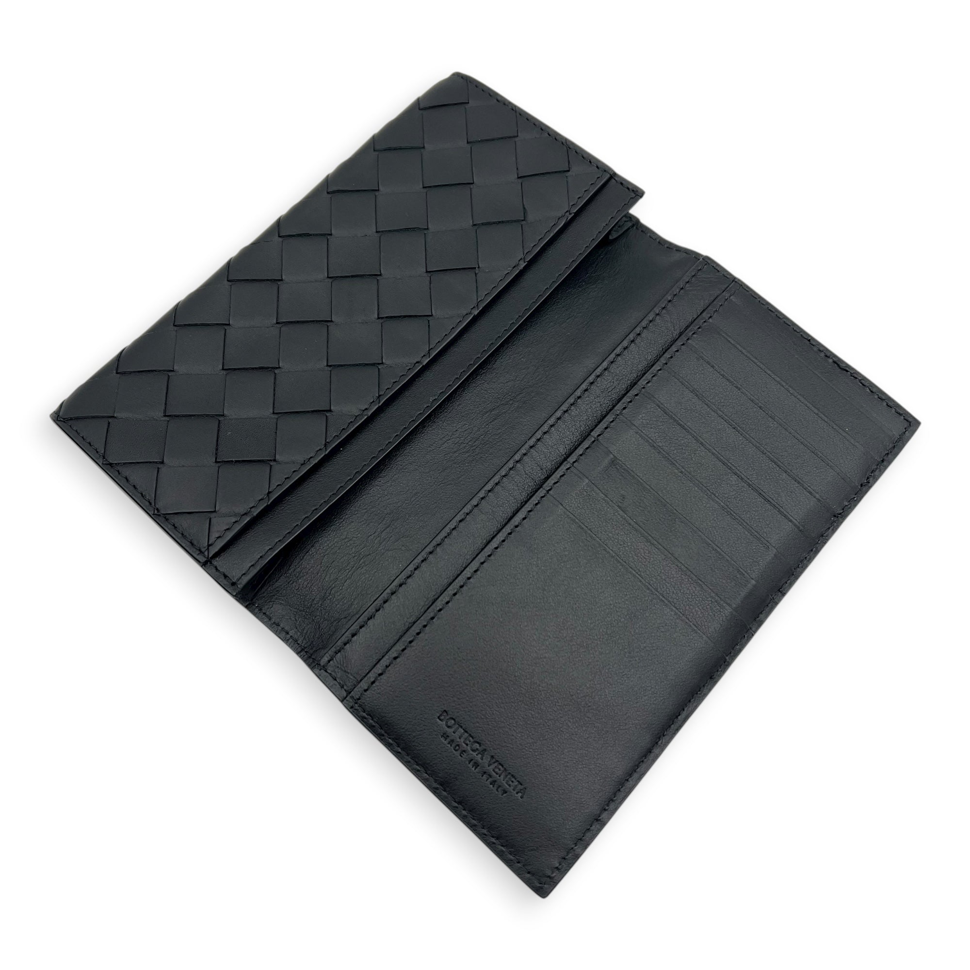 Intrecciato Long Black Wallet in Lambskin, Others hardware