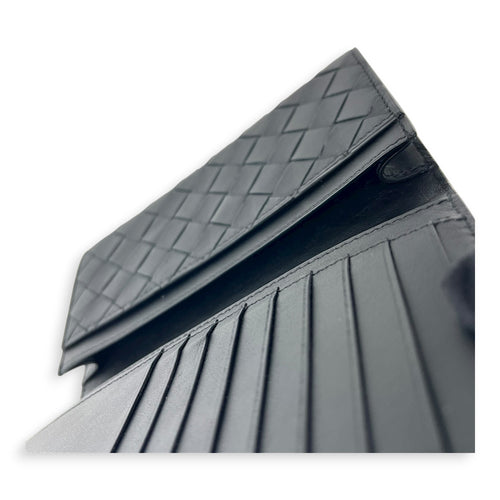 Intrecciato Long Black Wallet in Lambskin, Others hardware