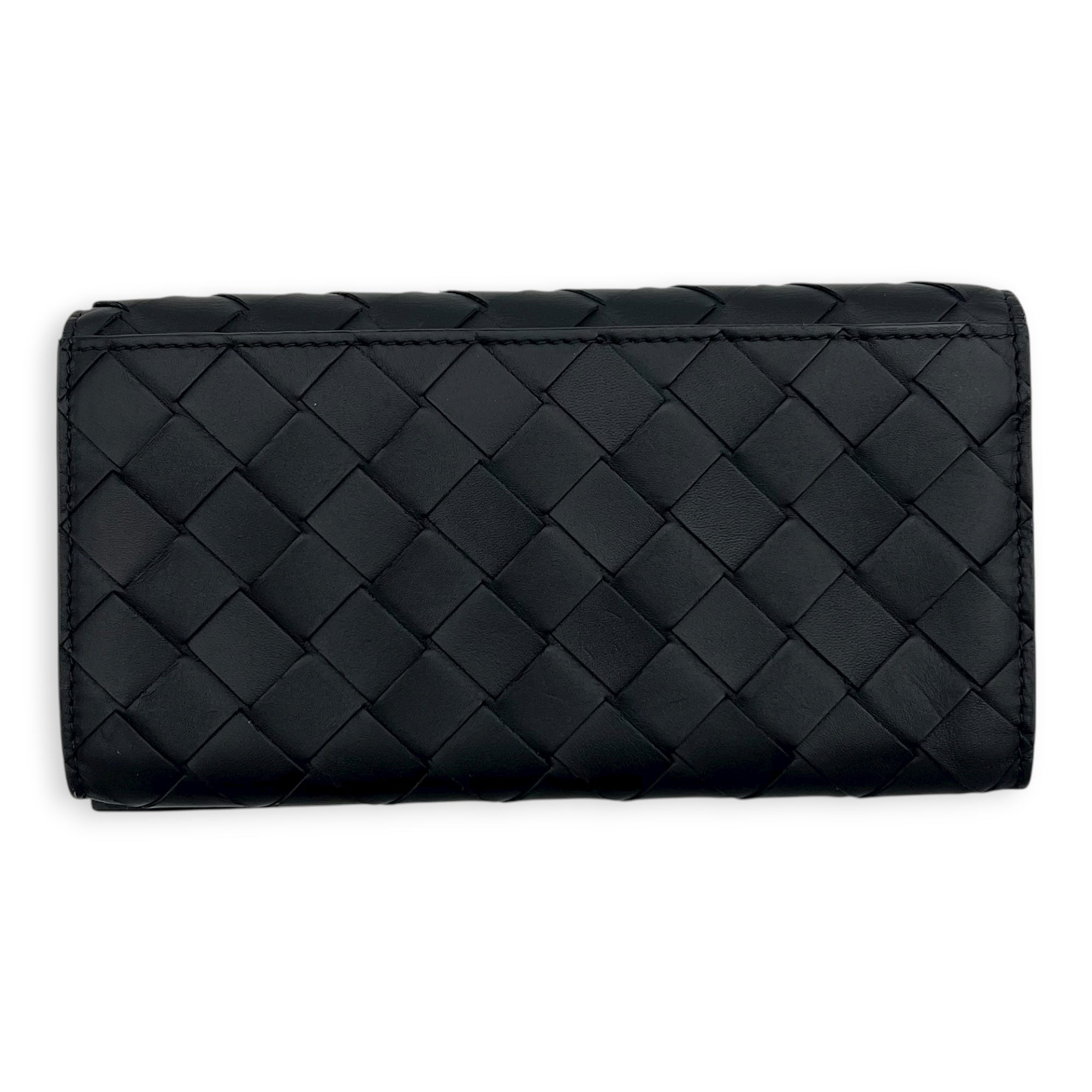 Intrecciato Long Black Wallet in Lambskin, Others hardware