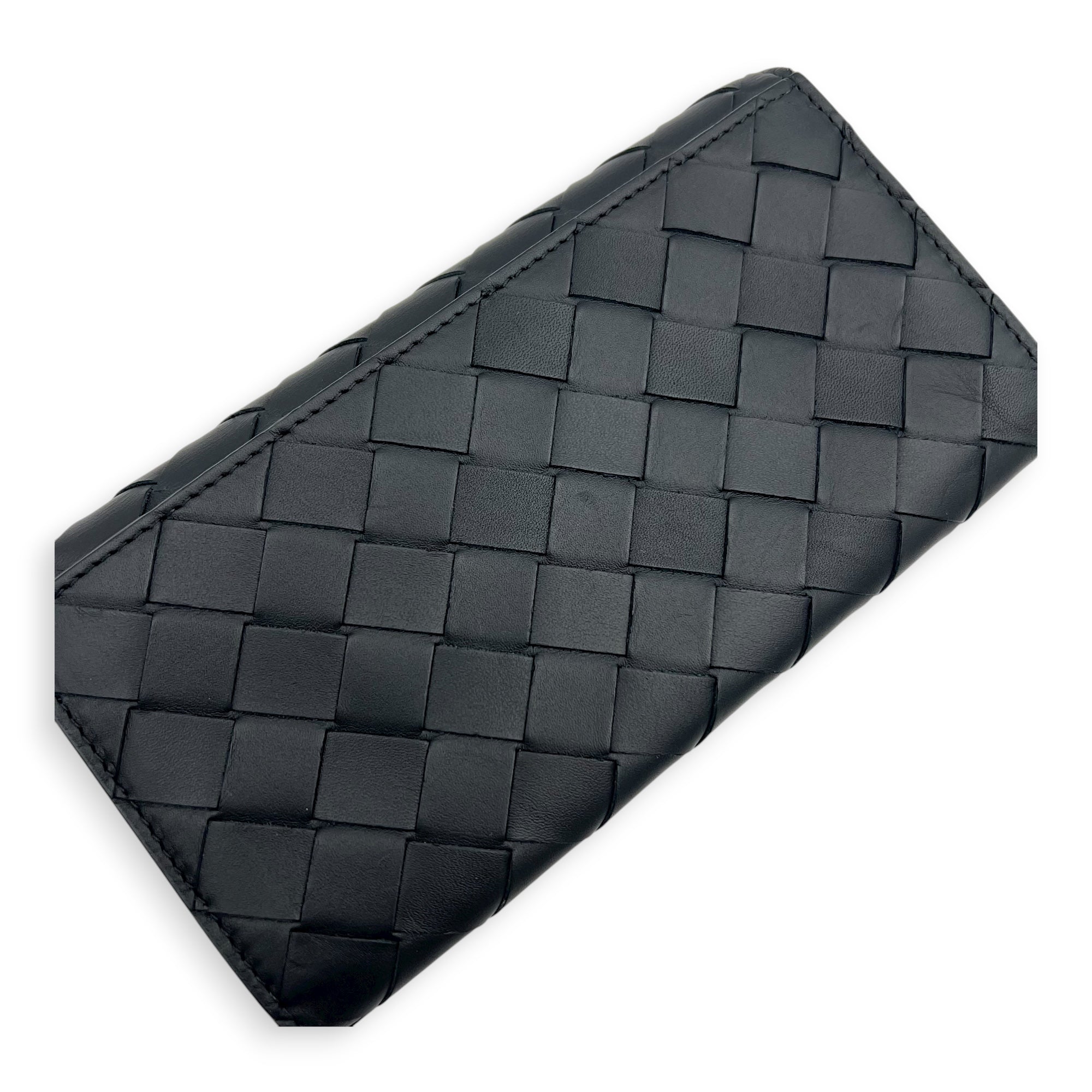 Intrecciato Long Black Wallet in Lambskin, Others hardware