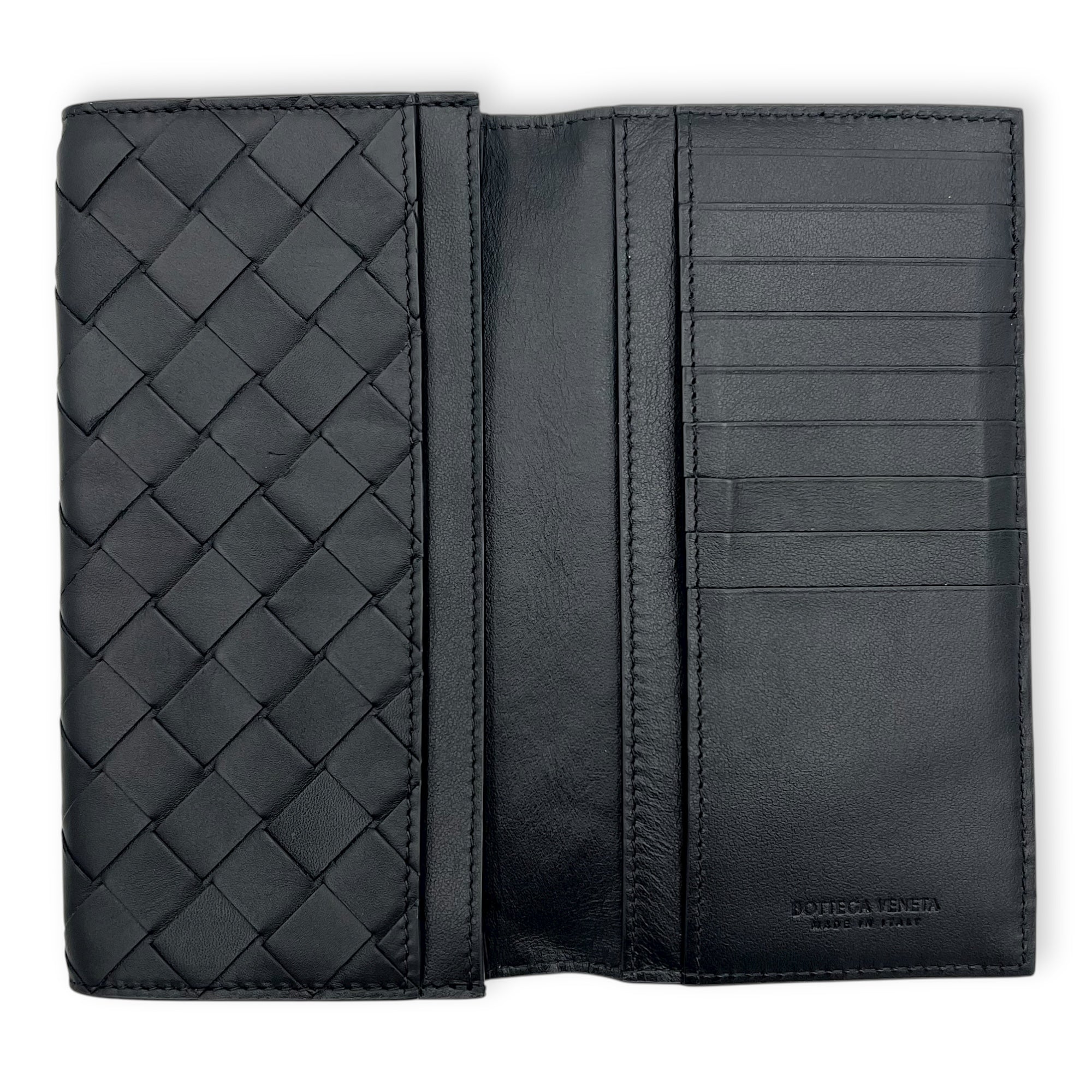 Intrecciato Long Black Wallet in Lambskin, Others hardware