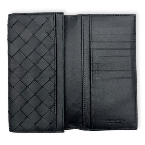 Intrecciato Long Black Wallet in Lambskin, Others hardware