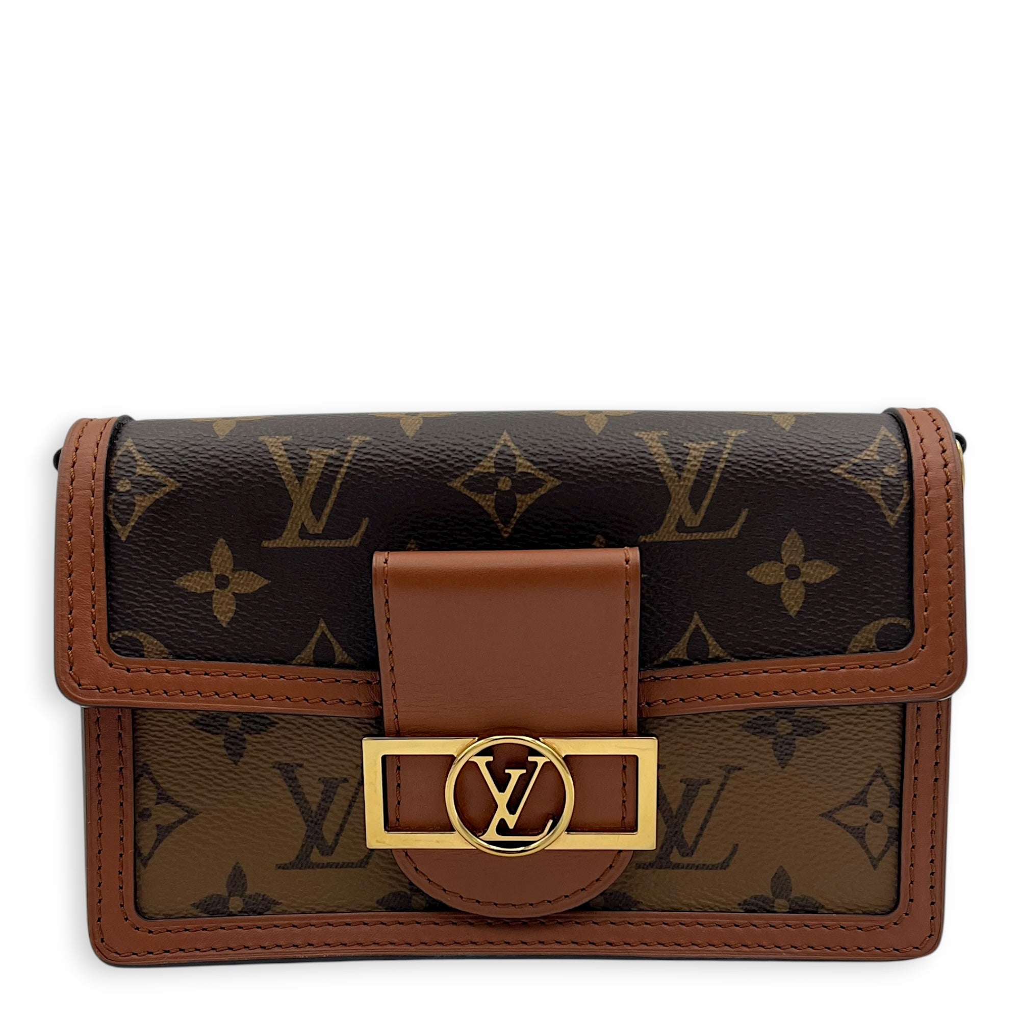 Dauphine Wallet On Chain Brown in Monogram Coated Canvas, Gold hardware