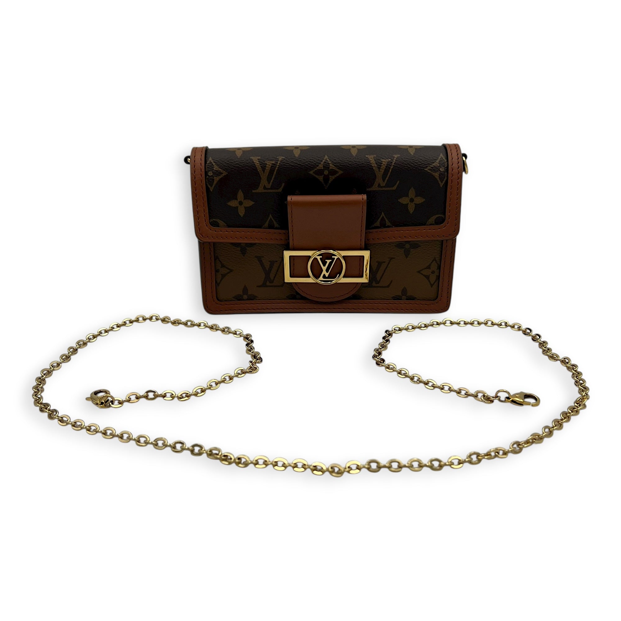 Dauphine Wallet On Chain Brown in Monogram Coated Canvas, Gold hardware
