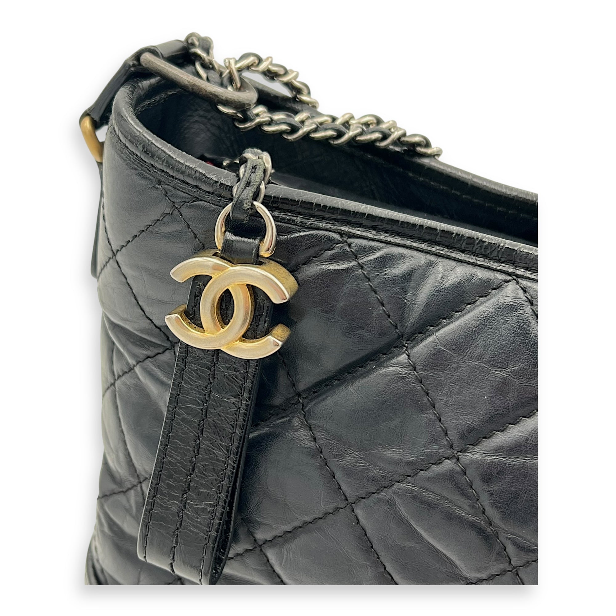 Gabrielle Medium Black Crossbody Bag in Calfskin, Mixed hardware