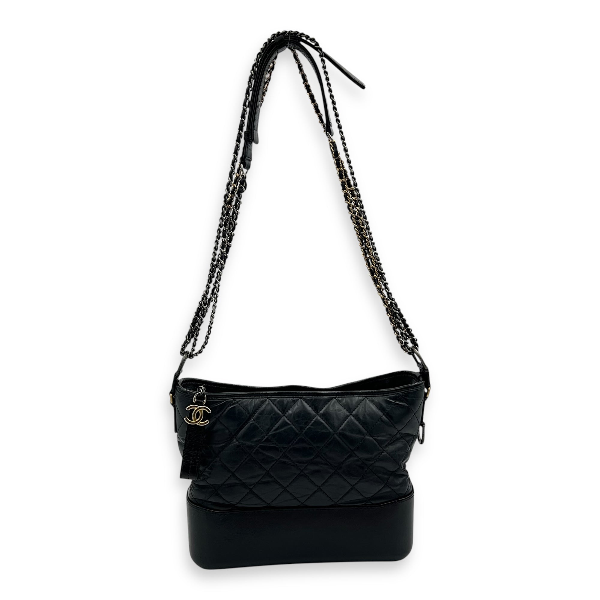 Gabrielle Medium Black Crossbody Bag in Calfskin, Mixed hardware