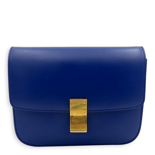 Box Crossbody Bag Blue in Calfskin, Gold hardware