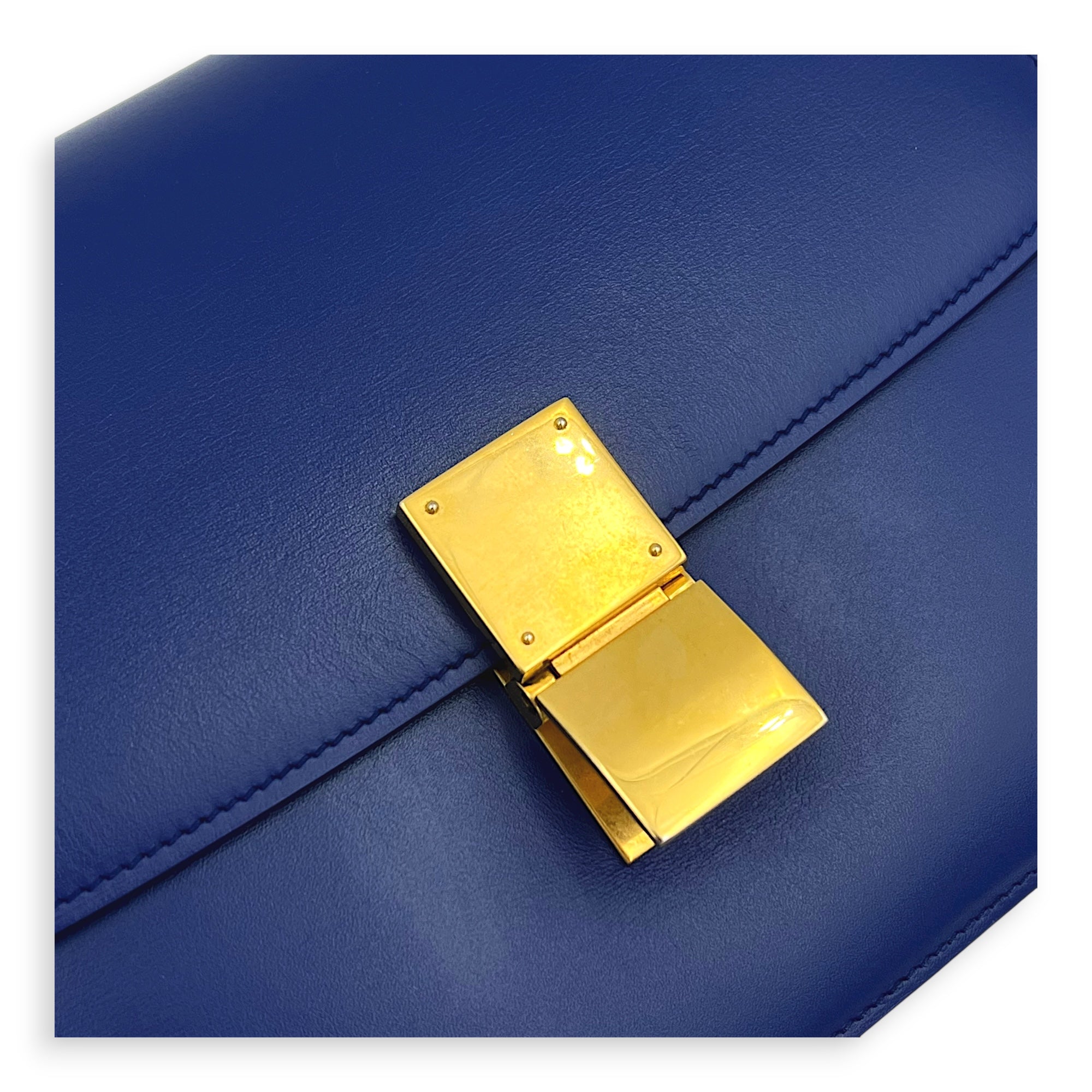 Box Crossbody Bag Blue in Calfskin, Gold hardware