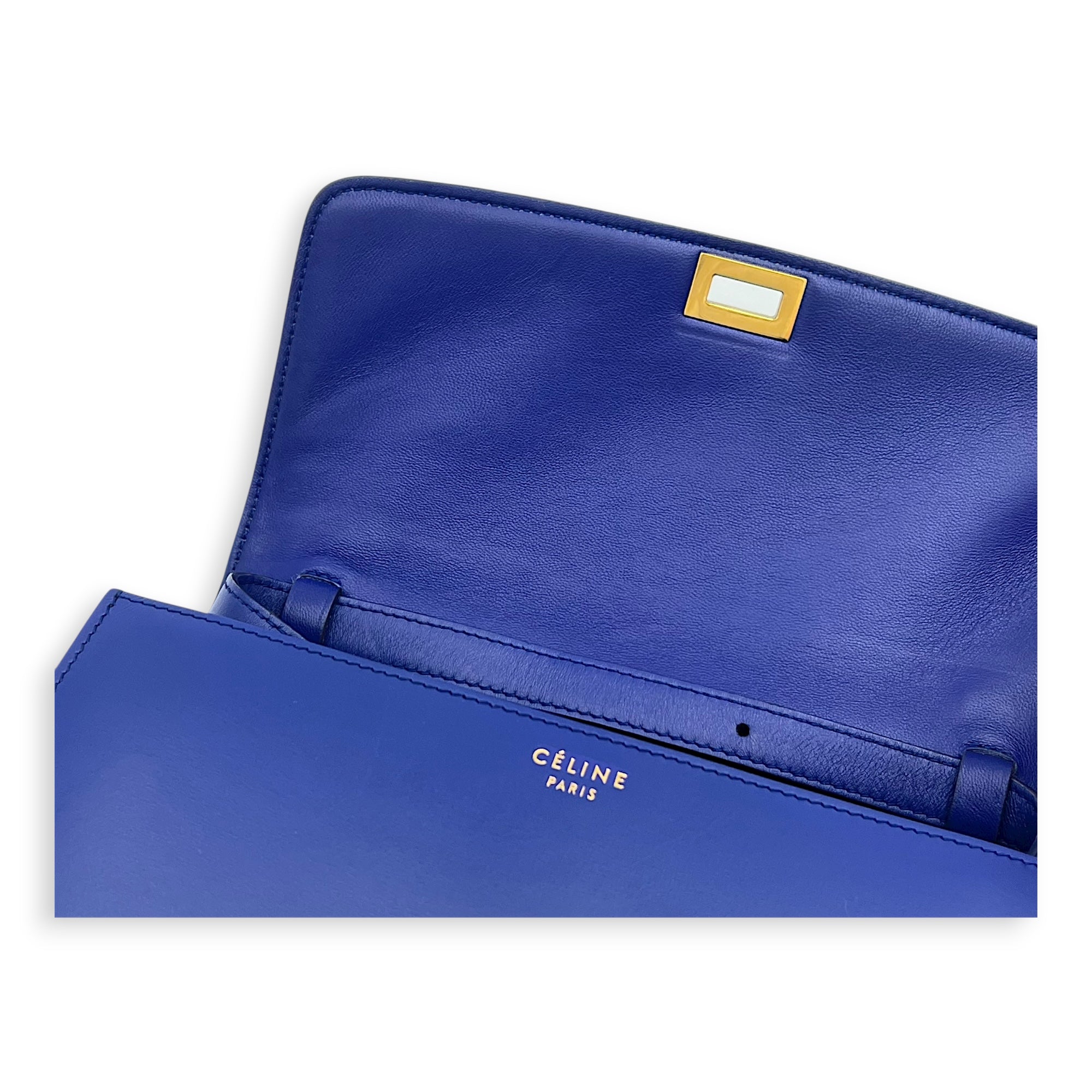 Box Crossbody Bag Blue in Calfskin, Gold hardware