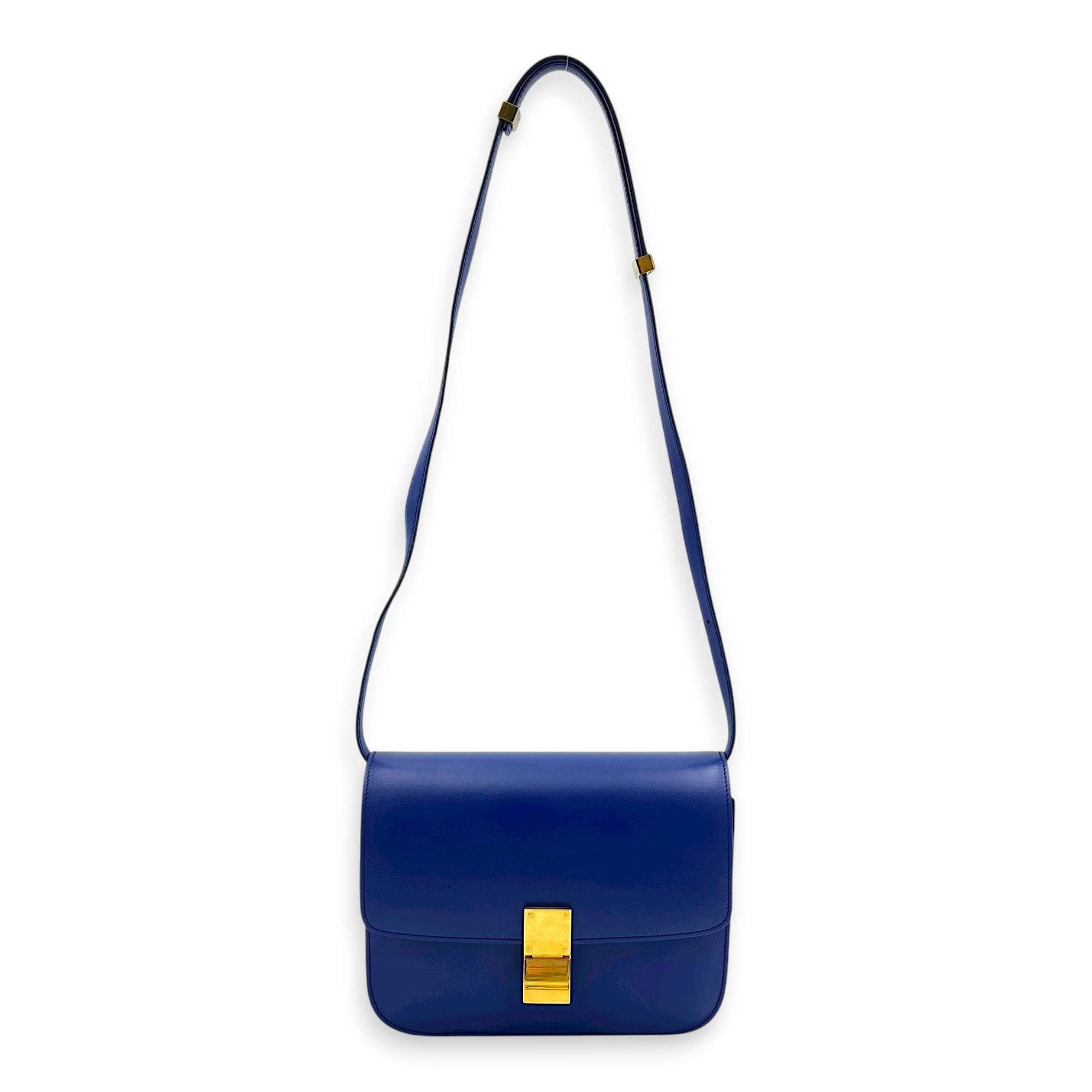 Box Crossbody Bag Blue in Calfskin, Gold hardware