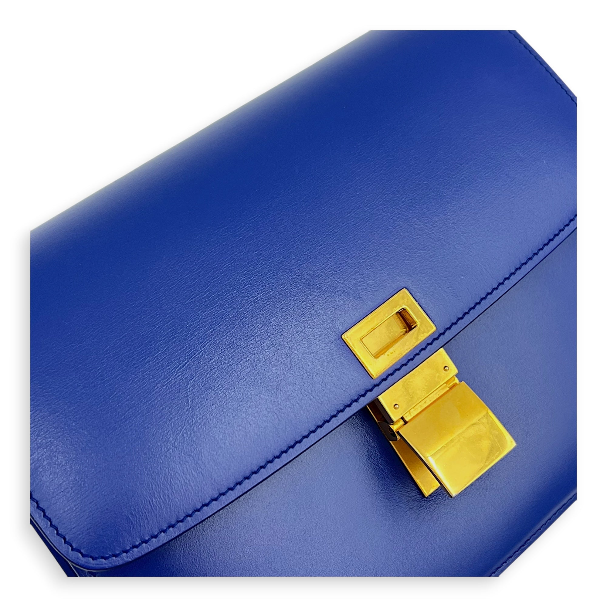 Box Crossbody Bag Blue in Calfskin, Gold hardware