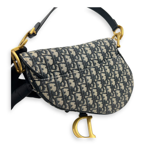 Saddle Medium Blue Shoulder Bag in Jacquard, Gold hardware