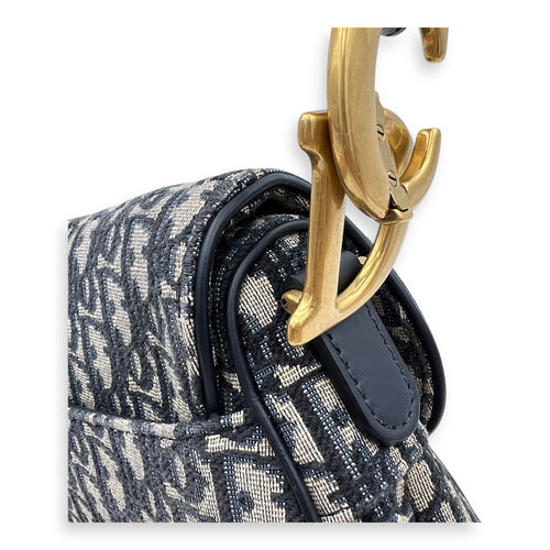 Saddle Medium Blue Shoulder Bag in Jacquard, Gold hardware