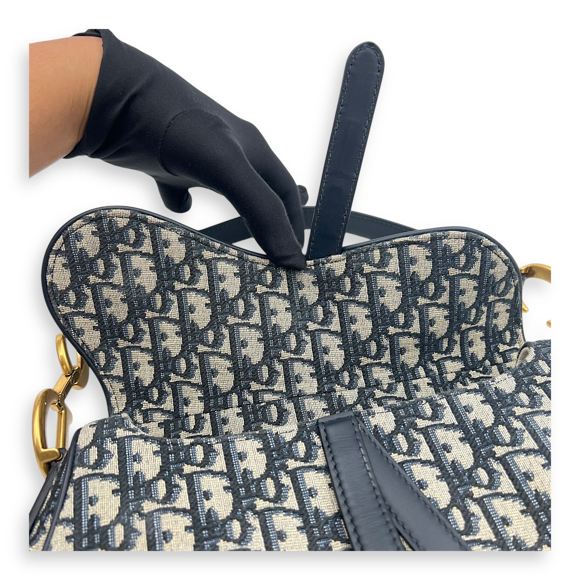 Saddle Medium Blue Shoulder Bag in Jacquard, Gold hardware