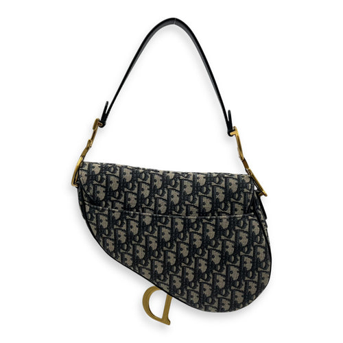 Saddle Medium Blue Shoulder Bag in Jacquard, Gold hardware
