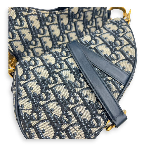 Saddle Top Handle Bag Mini Blue in Jacquard, Gold hardware