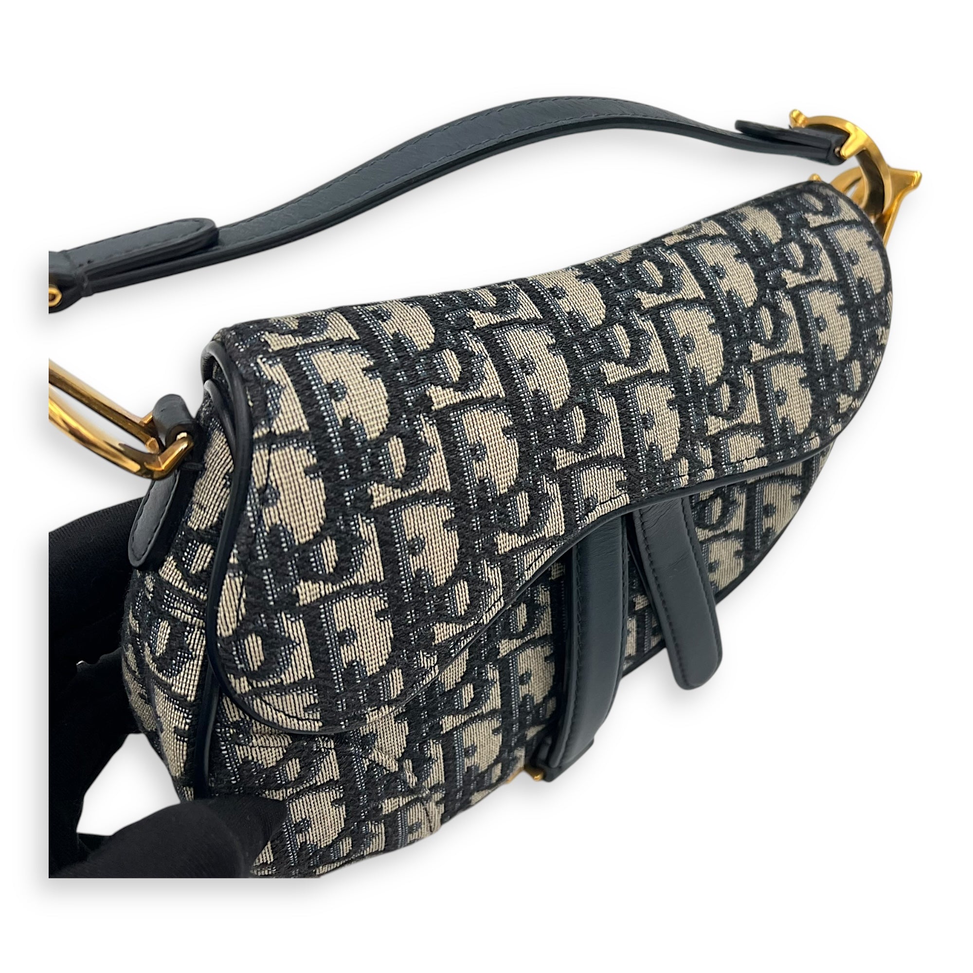 Saddle Top Handle Bag Mini Blue in Jacquard, Gold hardware