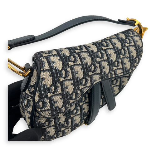 Saddle Top Handle Bag Mini Blue in Jacquard, Gold hardware