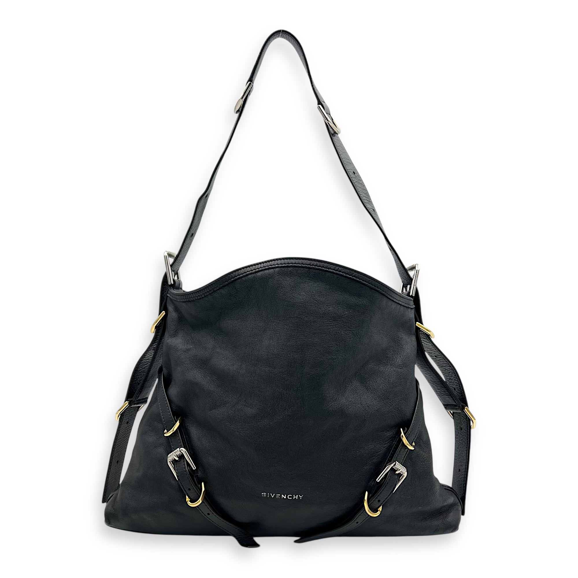 Voyou Medium Black Shoulder Bag in Calfskin, Mixed hardware