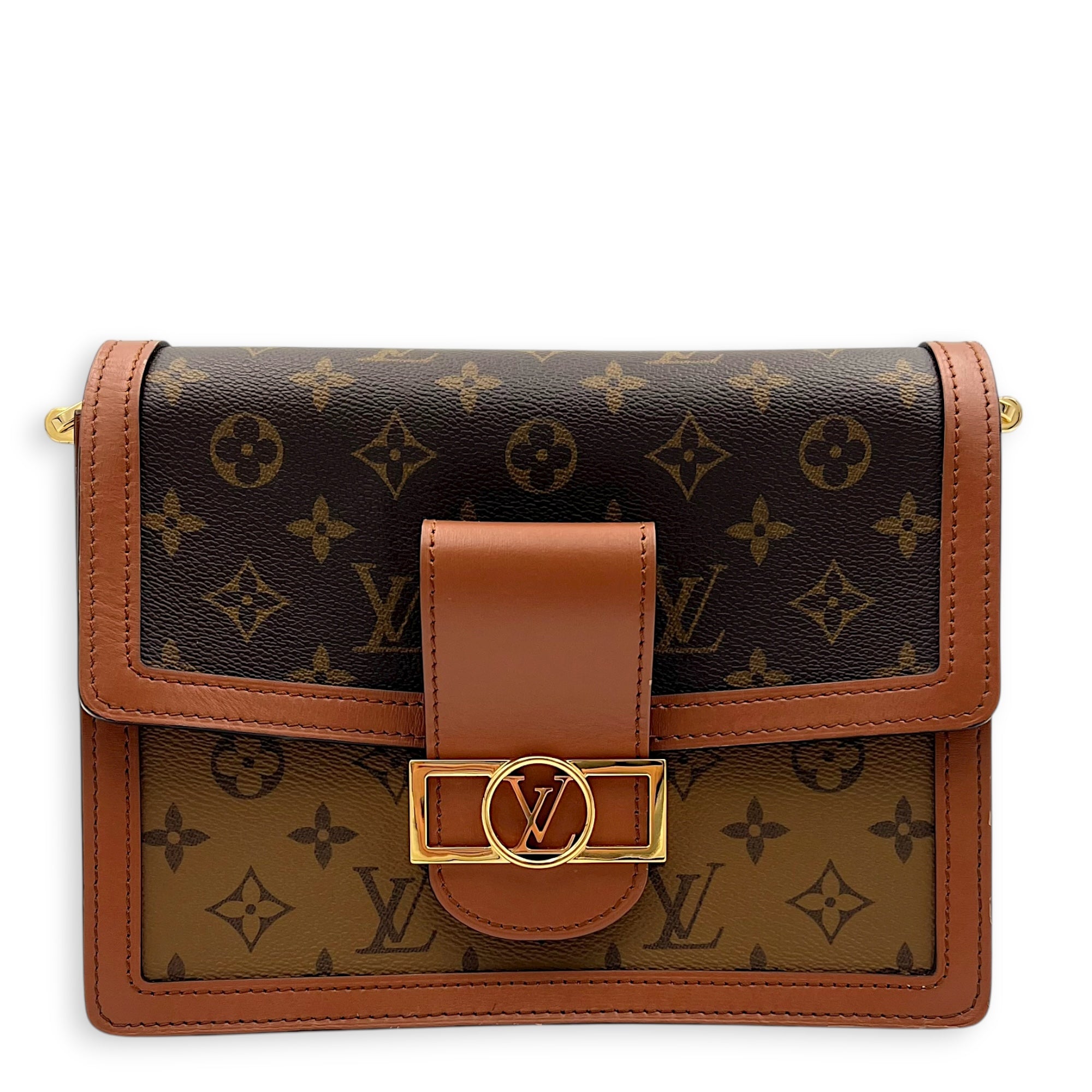 Dauphine MM Brown Shoulder Bag in Monogram Coated Canvas, Gold hardware