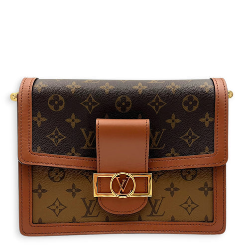 Dauphine MM Brown Shoulder Bag in Monogram Coated Canvas, Gold hardware