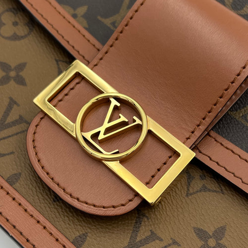 Dauphine MM Brown Shoulder Bag in Monogram Coated Canvas, Gold hardware