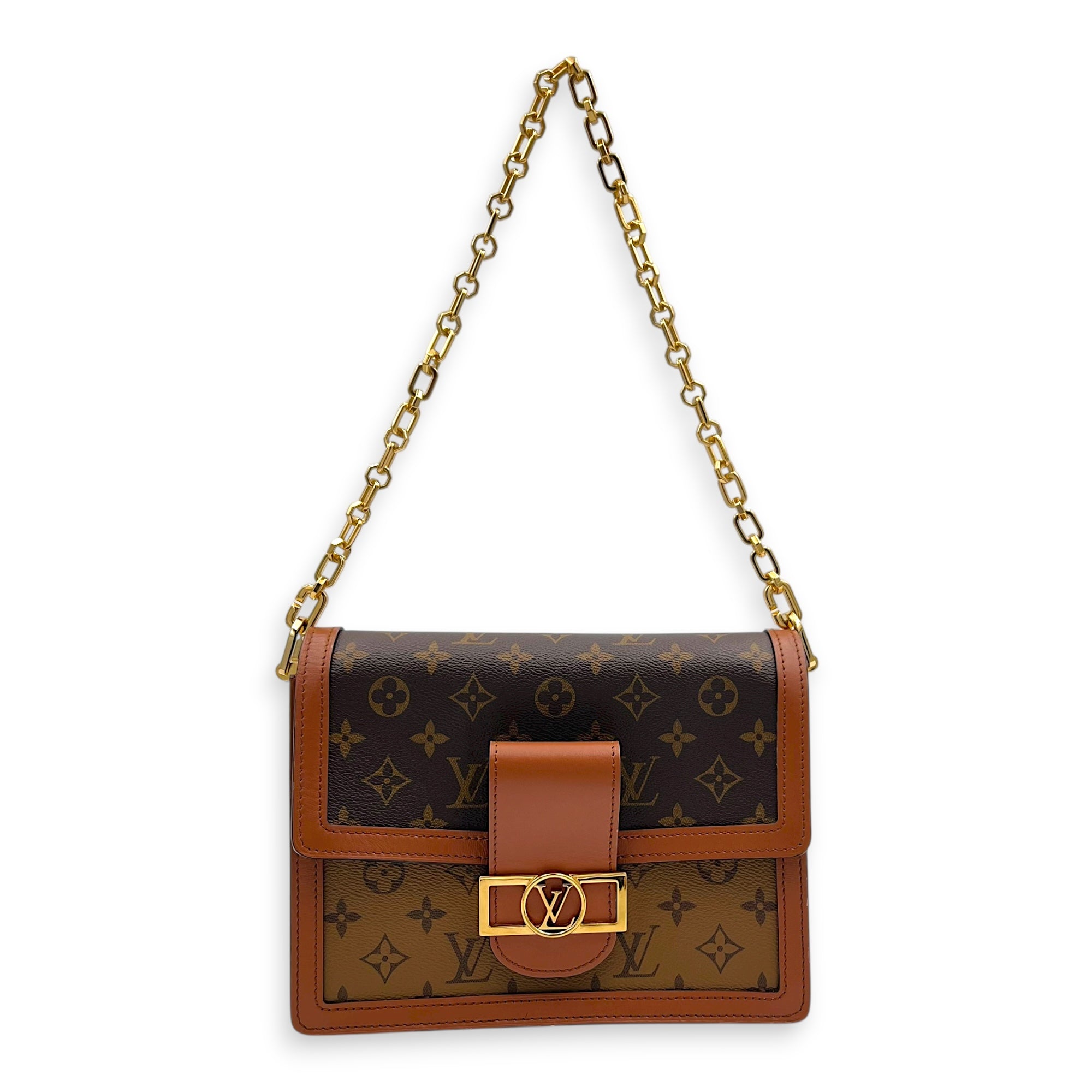 Dauphine MM Brown Shoulder Bag in Monogram Coated Canvas, Gold hardware