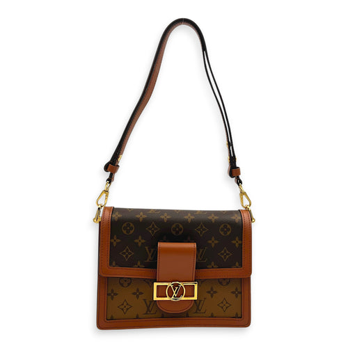 Dauphine MM Brown Shoulder Bag in Monogram Coated Canvas, Gold hardware
