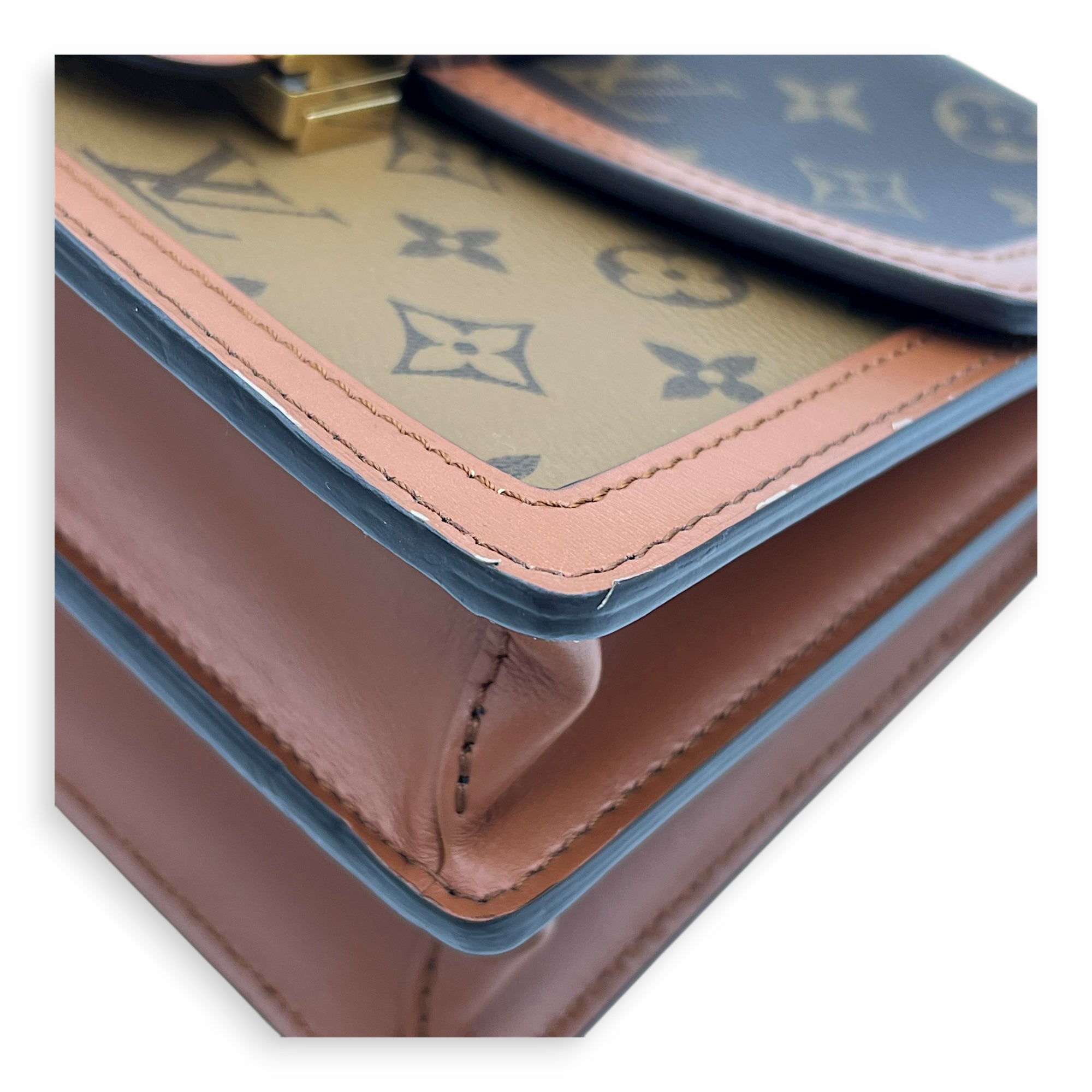 Dauphine MM Brown Shoulder Bag in Monogram Coated Canvas, Gold hardware