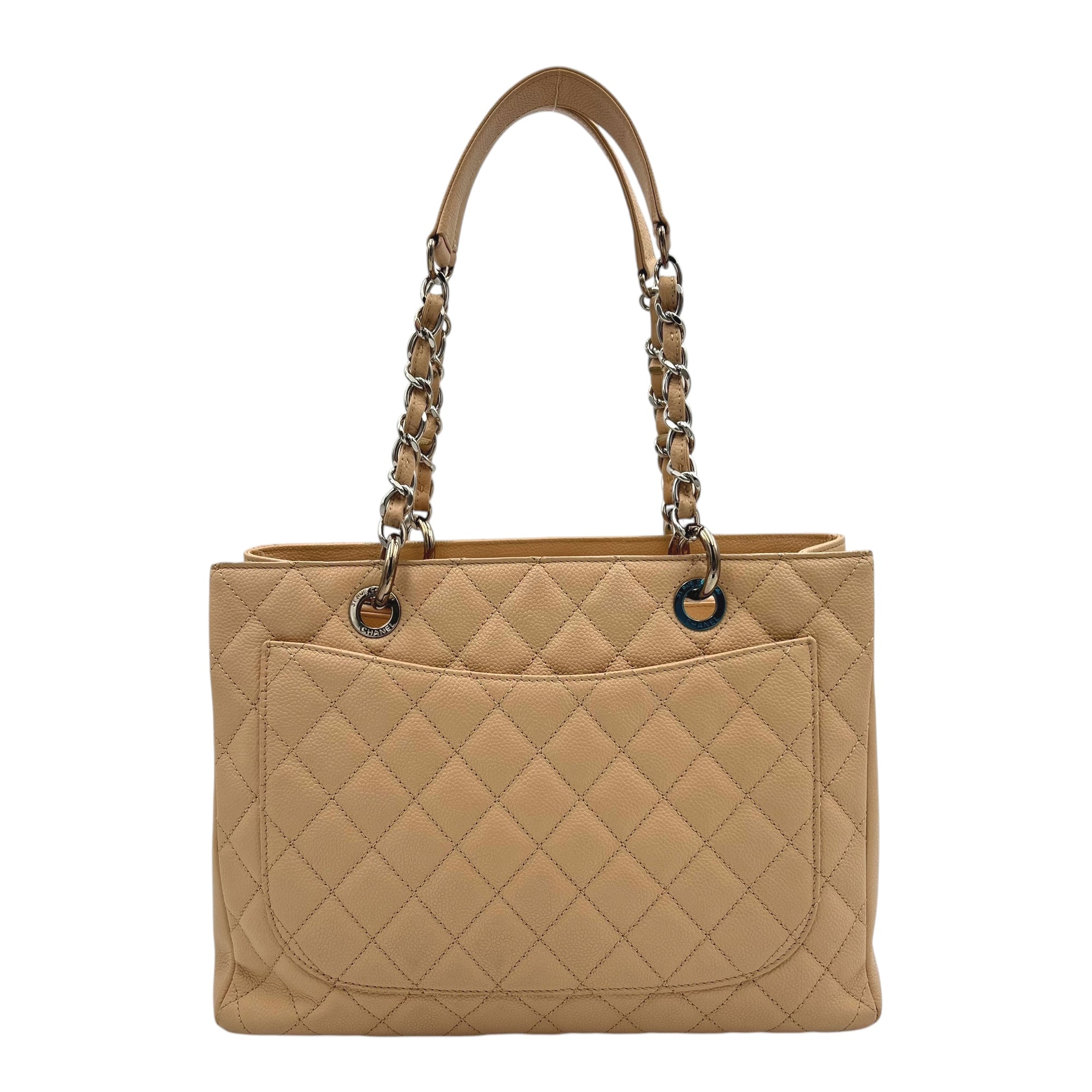 GST Tote Bag Beige in Caviar Leather, Silver hardware