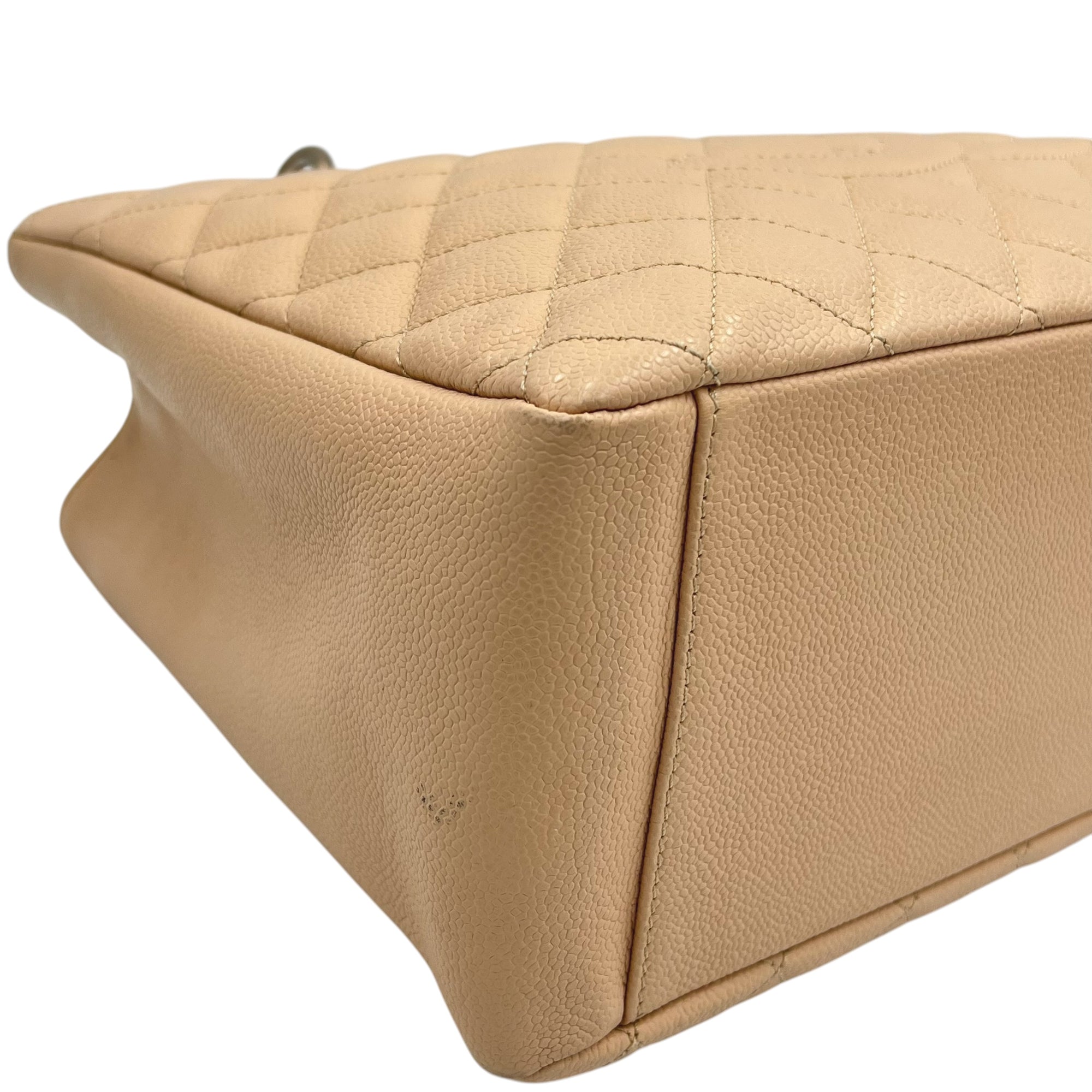 GST Tote Bag Beige in Caviar Leather, Silver hardware