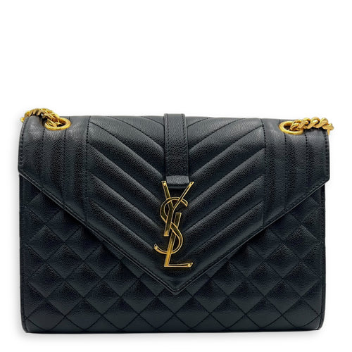 Envelope Shoulder Bag Black in Calfskin, Gold hardware