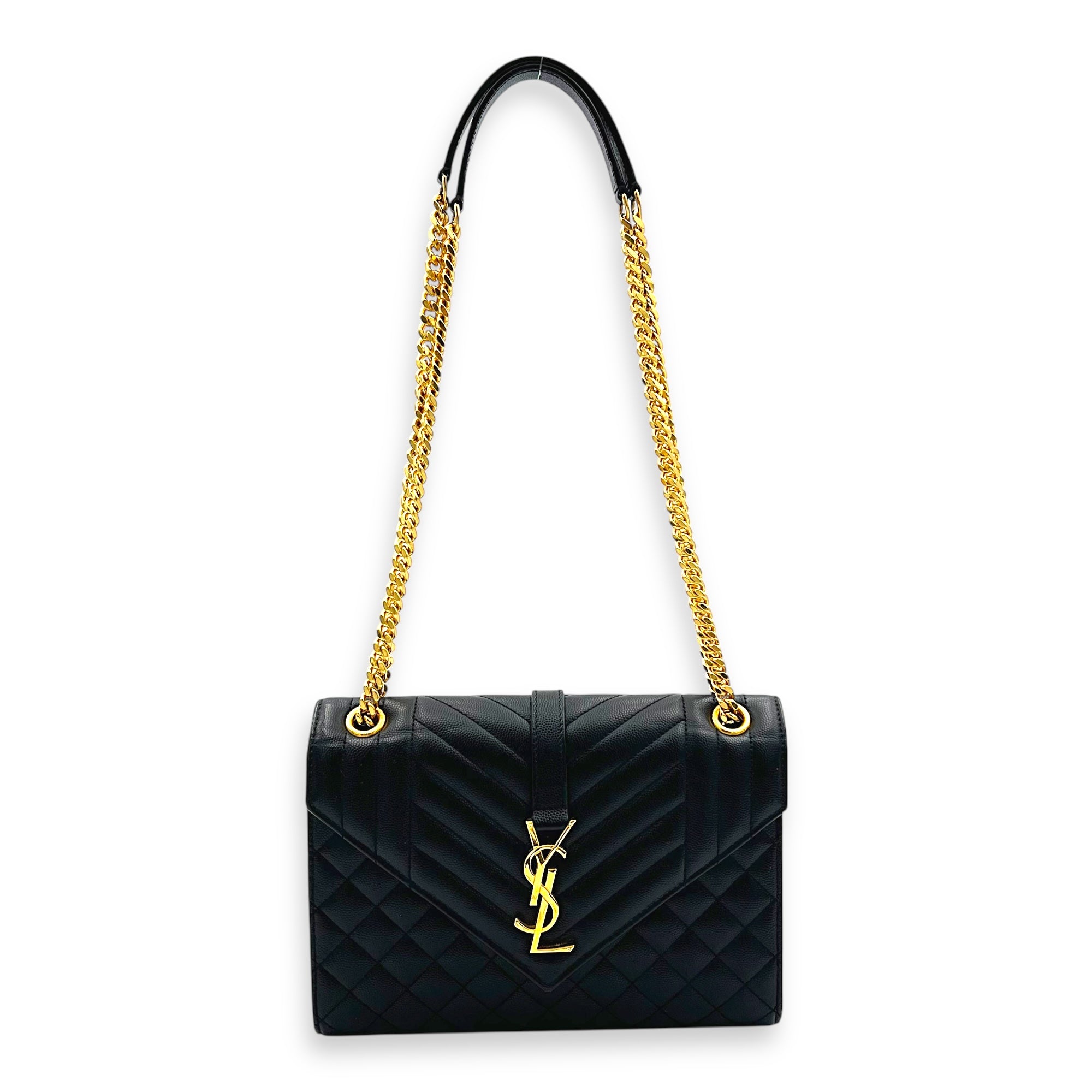 Envelope Shoulder Bag Black in Calfskin, Gold hardware