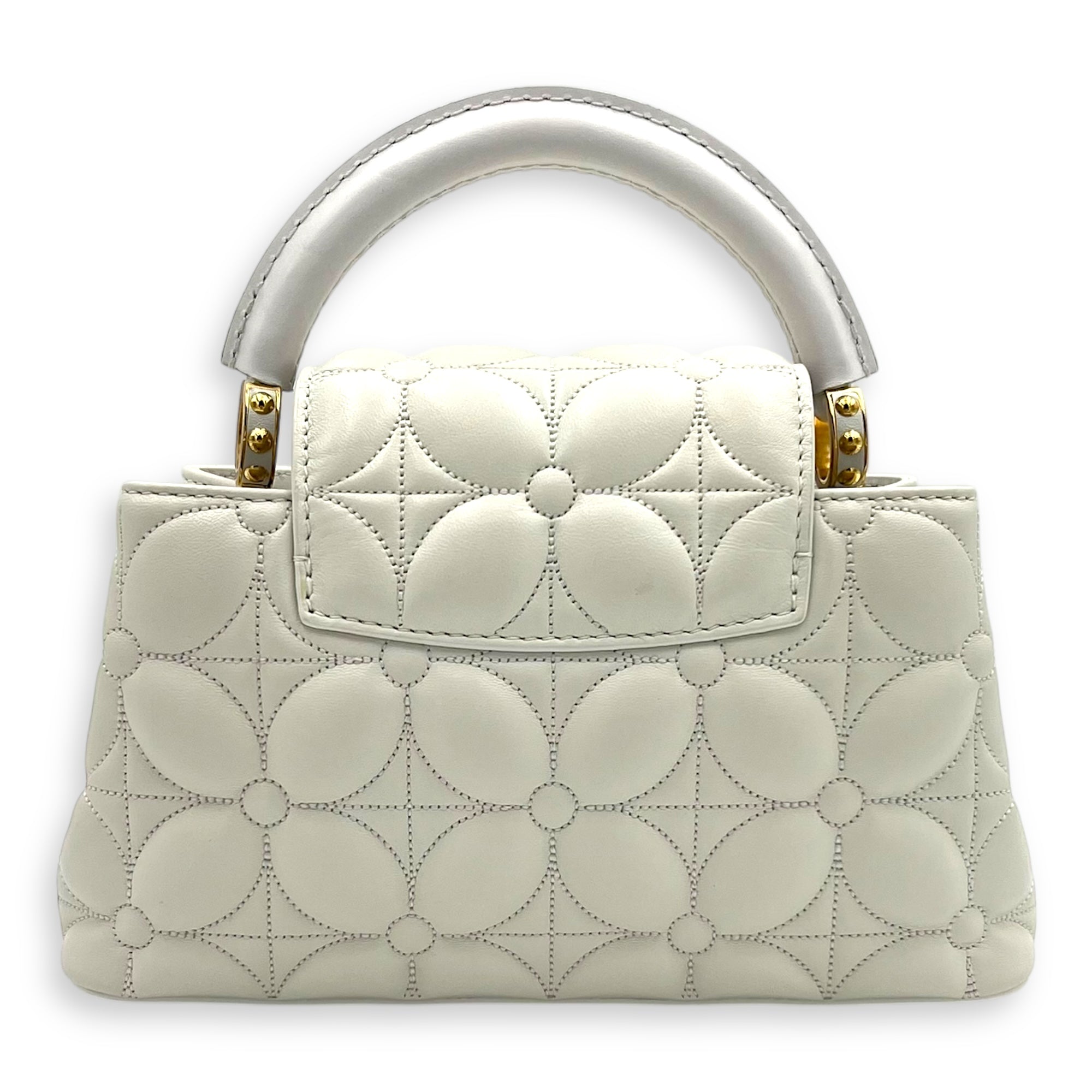 Capucines East West Mini White Top Handle Bag in Calfskin, Gold hardware