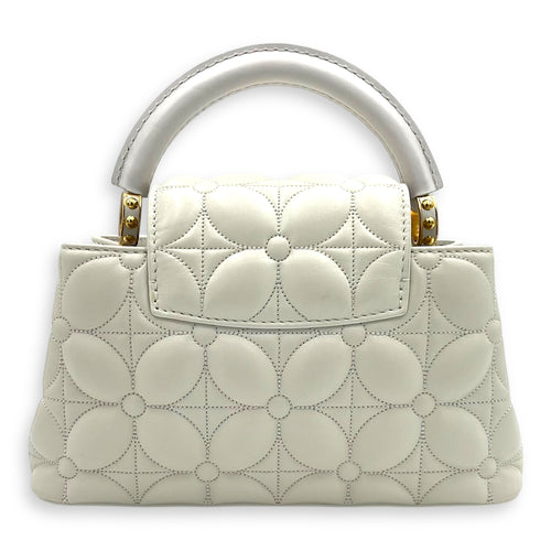 Capucines East West Mini White Top Handle Bag in Calfskin, Gold hardware