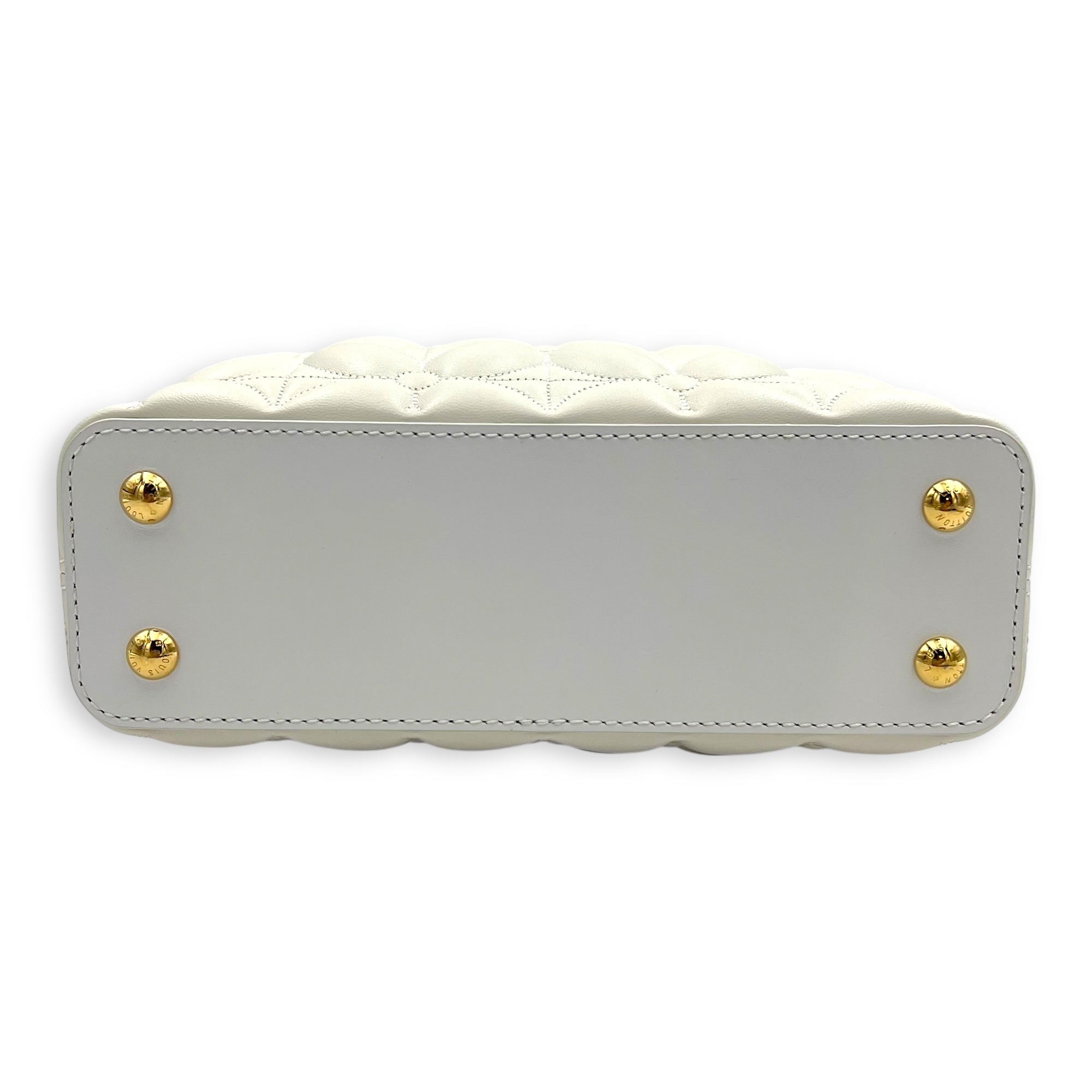 Capucines East West Mini White Top Handle Bag in Calfskin, Gold hardware